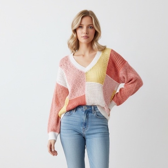 POL Clothing Sweaters - POL Clothing Women Colorblock Patchwork Crochet  V-Neck Sweater Pink Yellow M